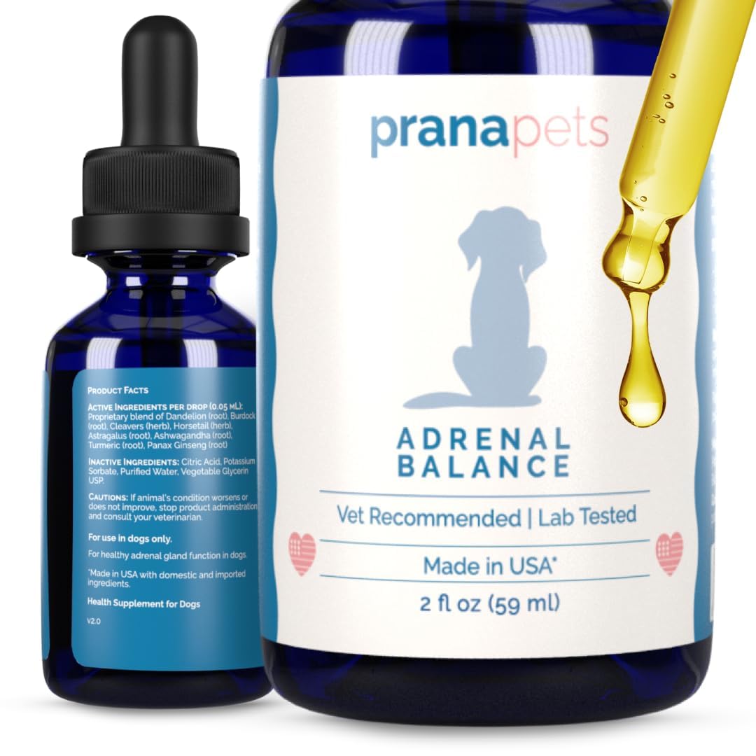 PranaPets Adrenal Balance bottle pour shows simple dosing to support balanced adrenal function