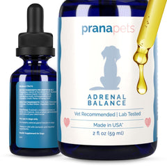 PranaPets Adrenal Balance bottle pour shows simple dosing to support balanced adrenal function
