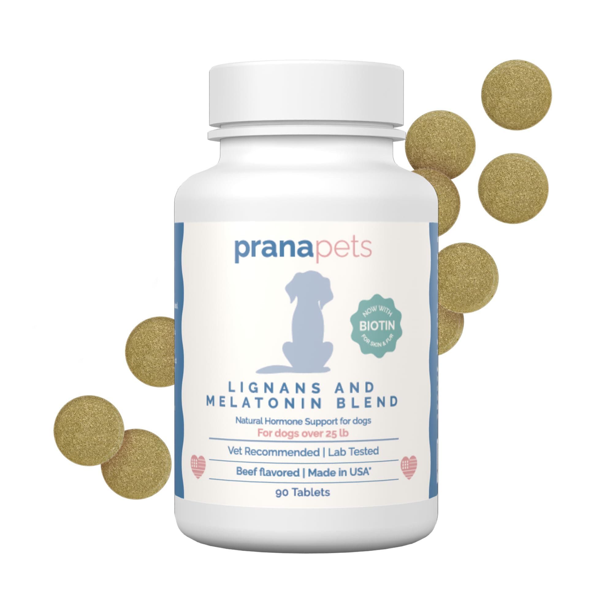 PranaPets bottle-front shows packaging and a palatable daily canine supplement.