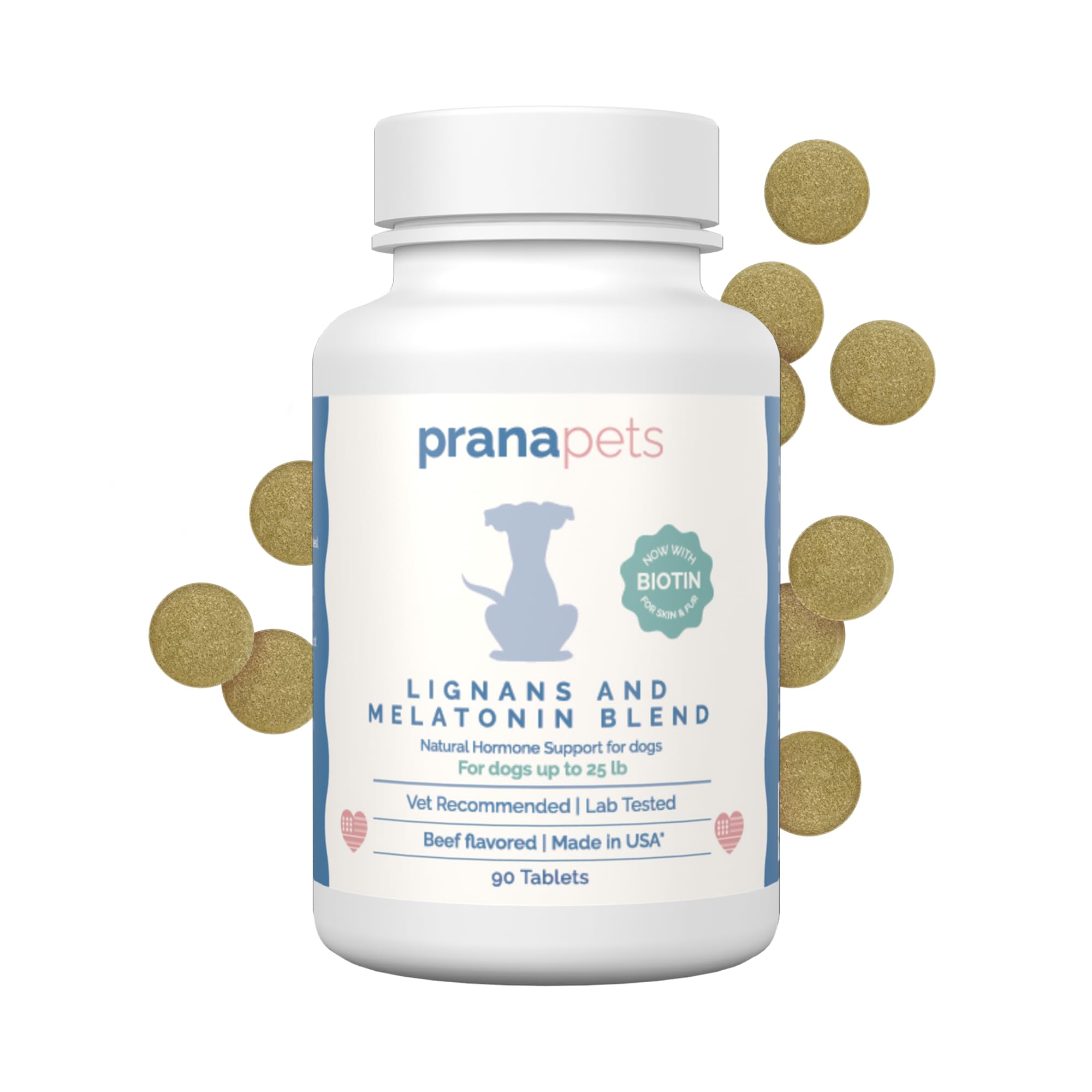 PranaPets lignans-melatonin bottle front with easy dosing cues