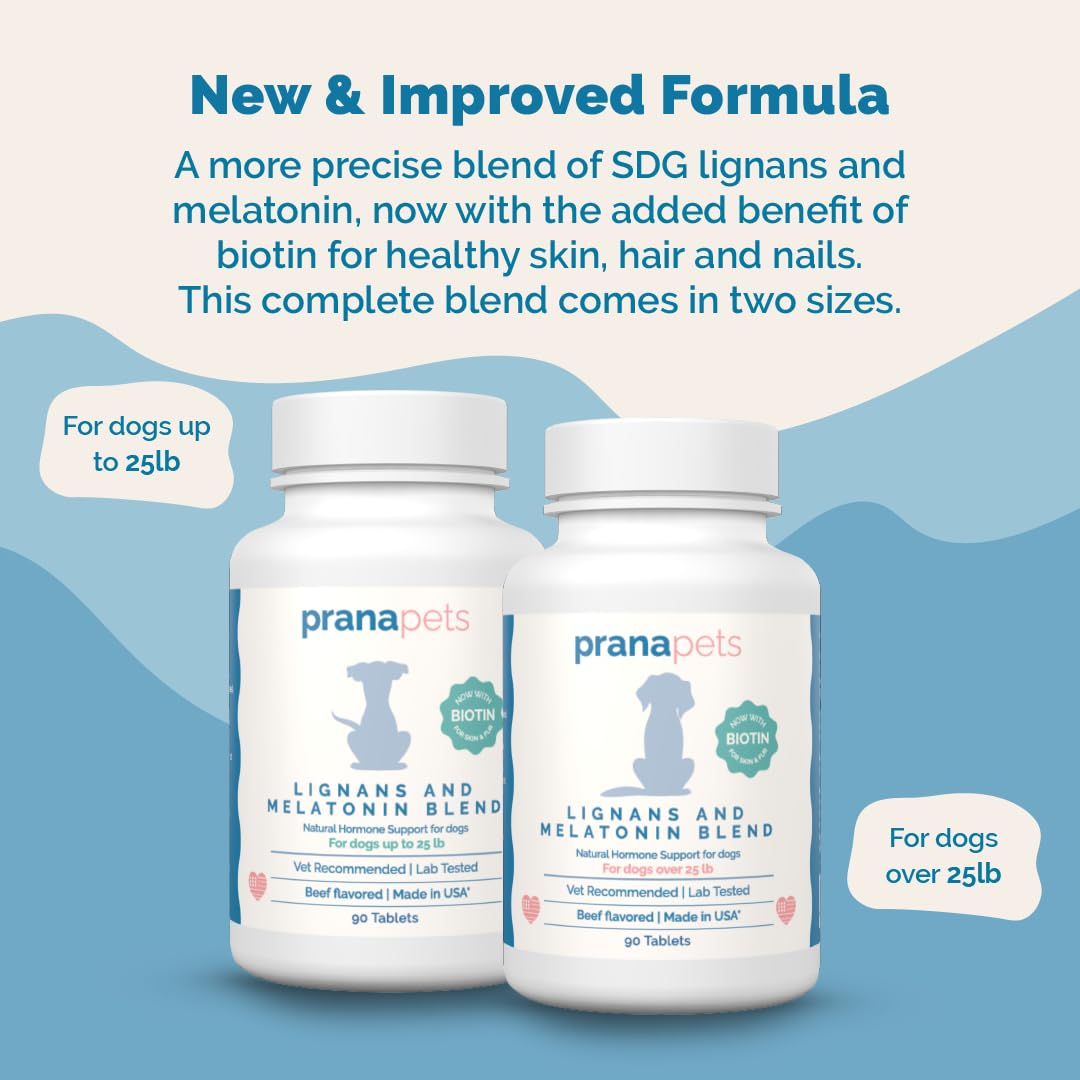PranaPets lignans-melatonin bottle pour showing precise dosing for pets