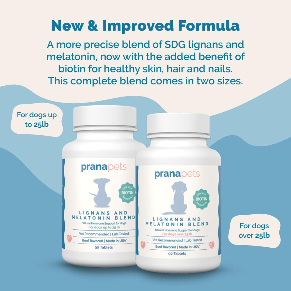 PranaPets lignans-melatonin bottle pour showing precise dosing for pets