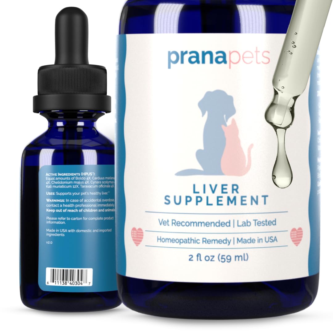 PranaPets liver supplement bottle being poured for pets to support digestion