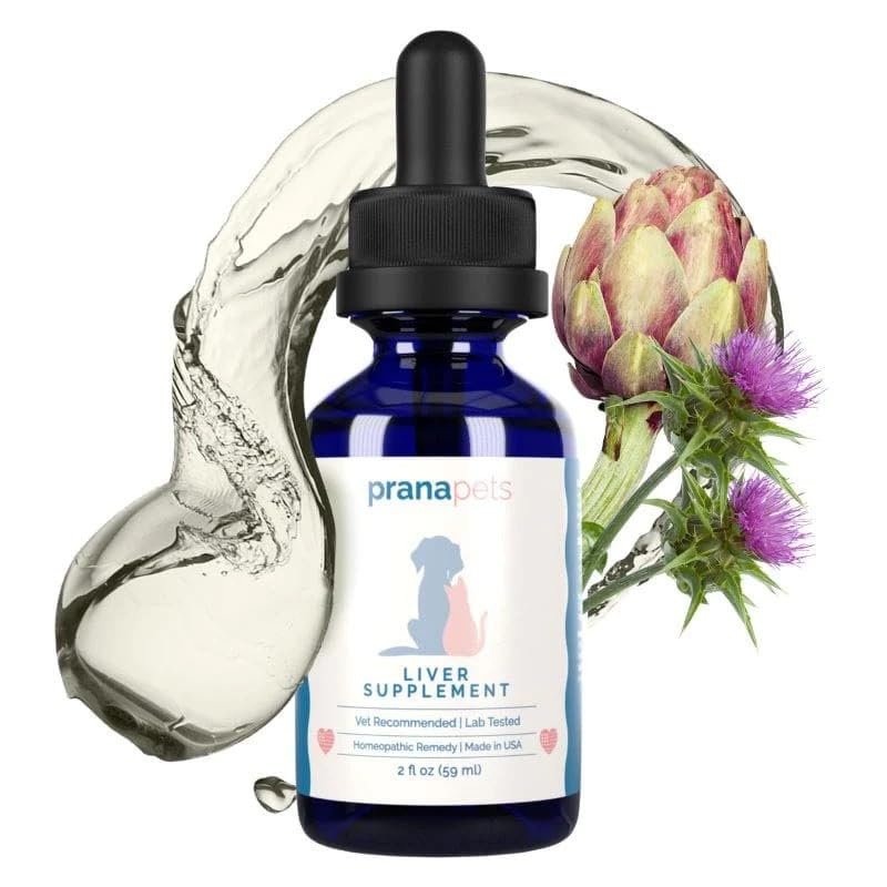 PranaPets liver supplement drops added to a dog's meal for liver support