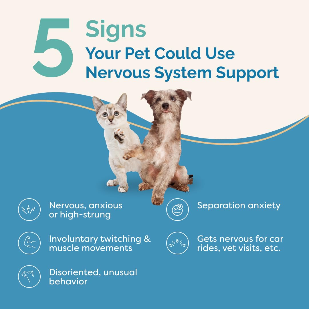 PranaPets Nervous System Support drops for dogs and cats provide gentle nervous system support at home.