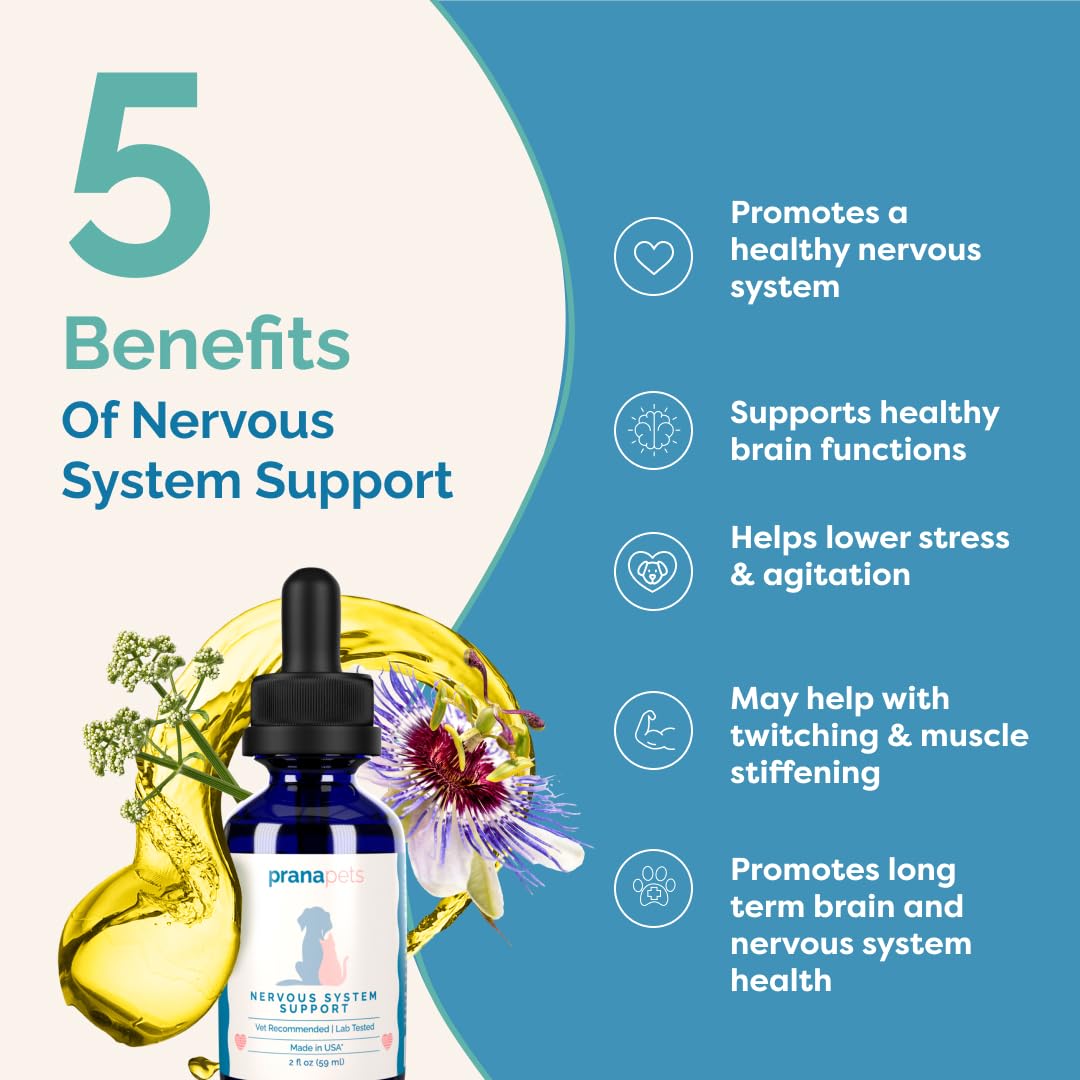 PranaPets Nervous System Support ingredient tinctures—natural adaptogenic herbs for balance.