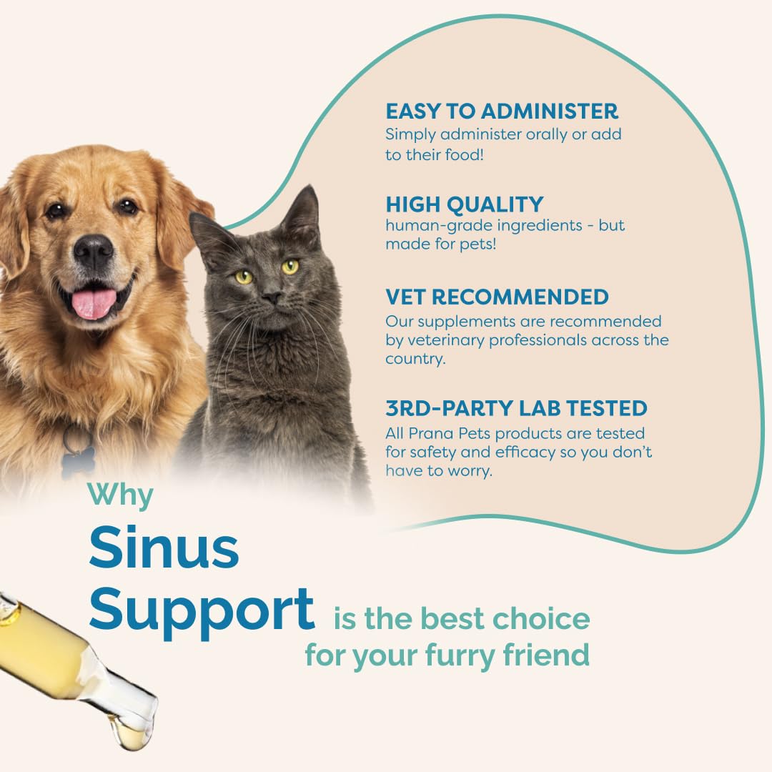PranaPets Sinus Support Liquid label highlights ingredients and USA-made quality