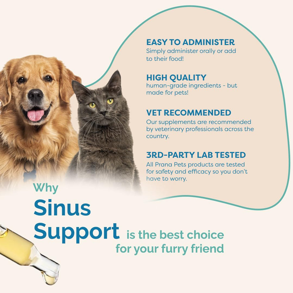 PranaPets Sinus Support Liquid label highlights ingredients and USA-made quality