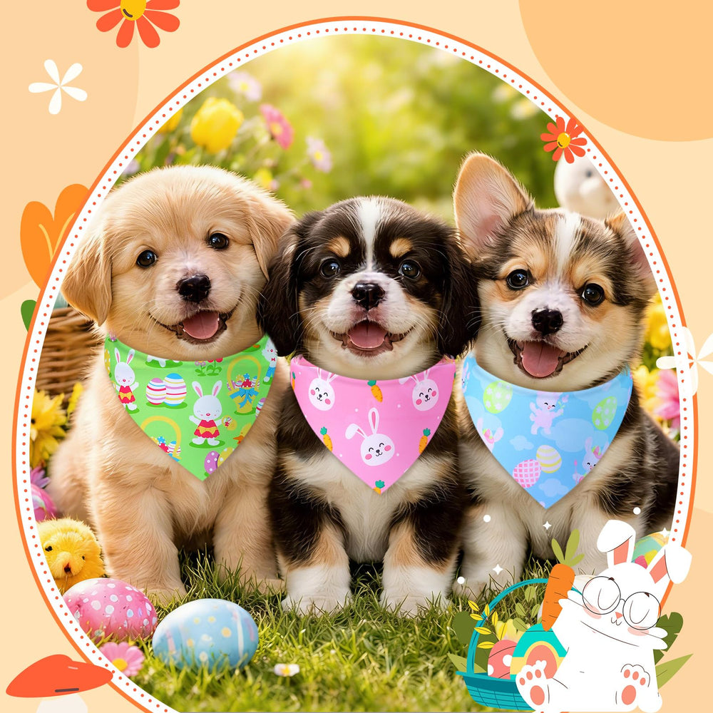 Preboun Easter bandanas on colorful fabric rack displaying patterns.