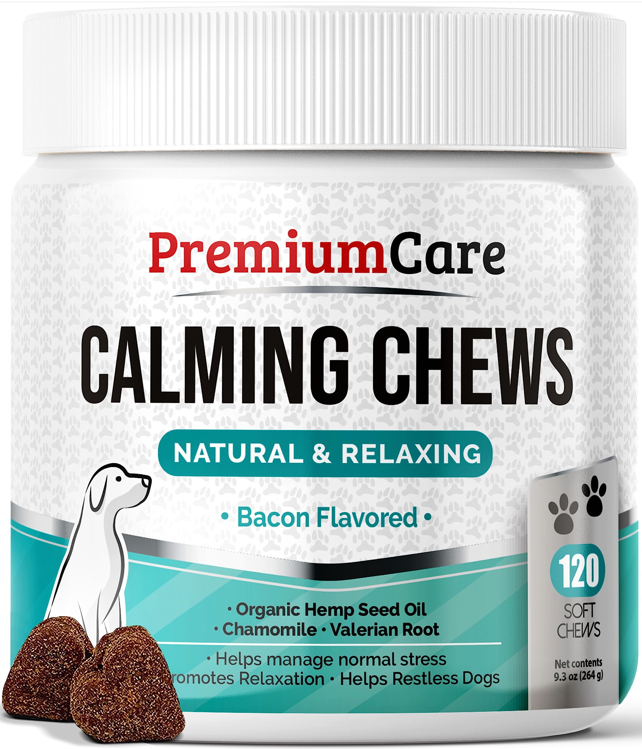 Premium Care Calming Chews bottle closeup suggesting calm moments for dogs