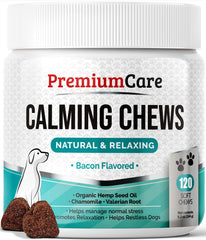 Premium Care Calming Chews bottle closeup suggesting calm moments for dogs