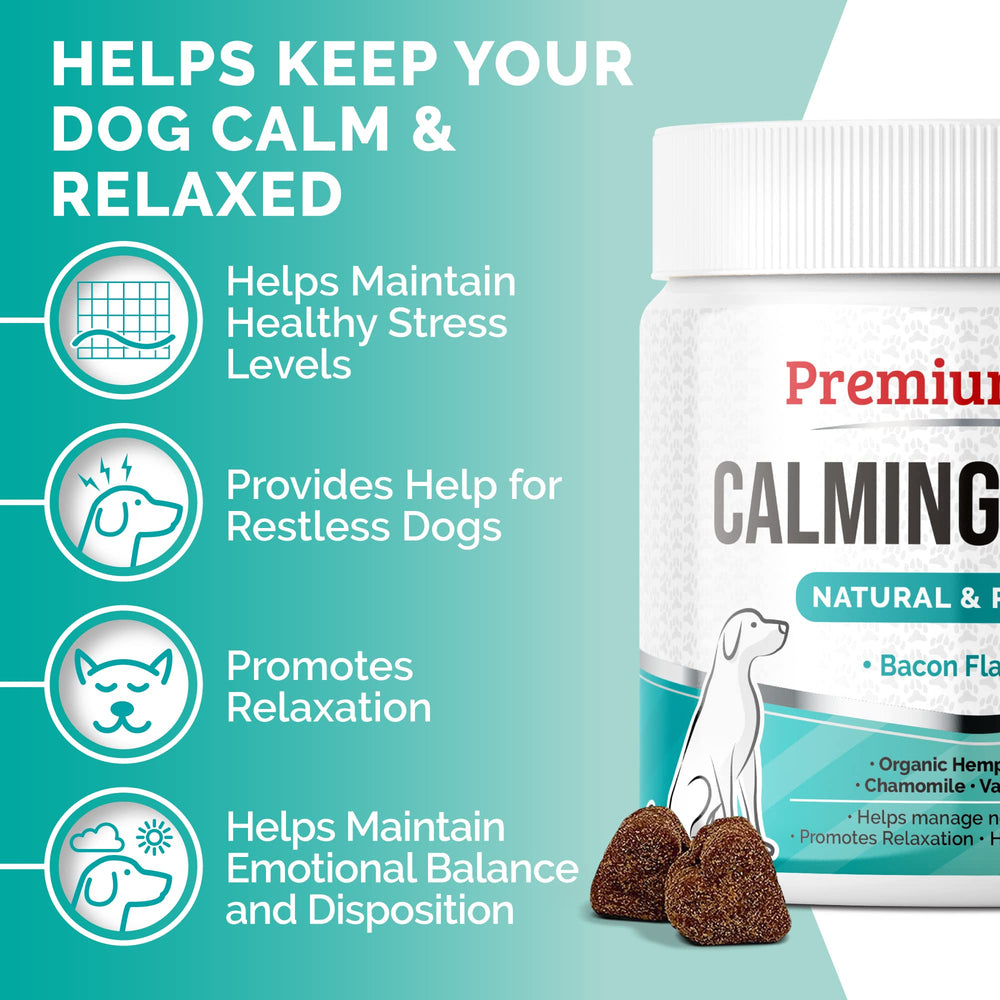 Premium Care Calming Chews bag open image indicates easy daily supplementation