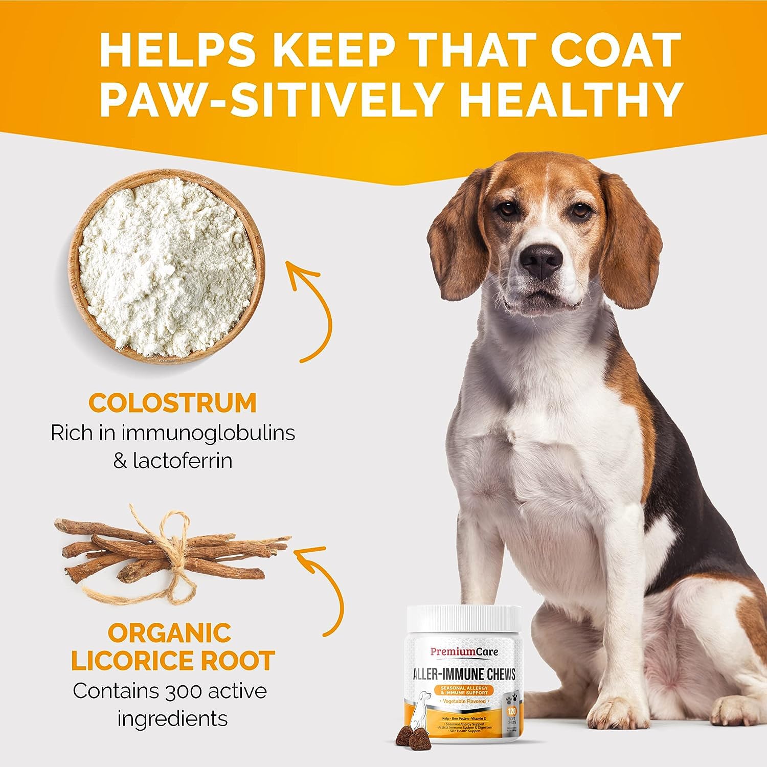 Premium Care box graphic notes colostrum for skin health and tissue support