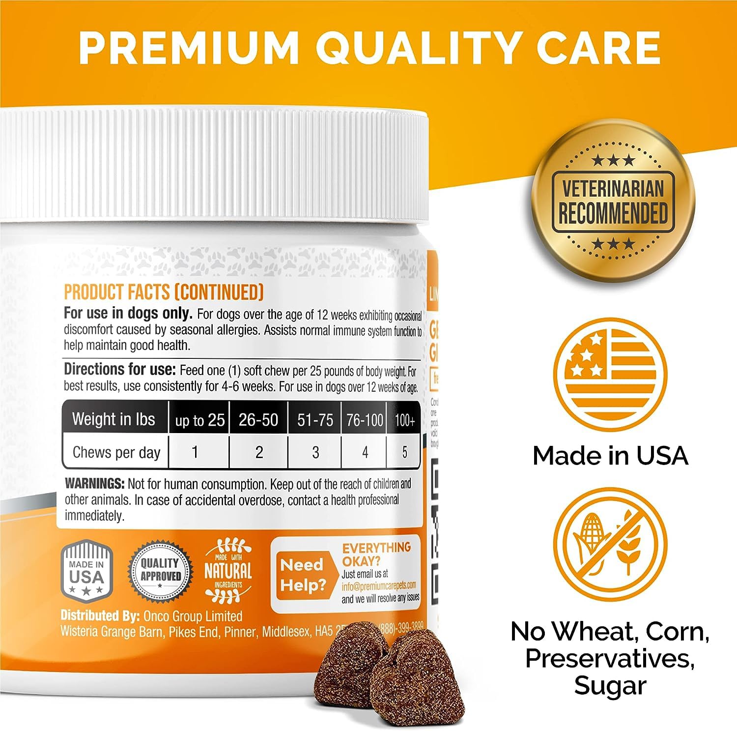 Premium Care dog allergy chews presented for everyday skin health