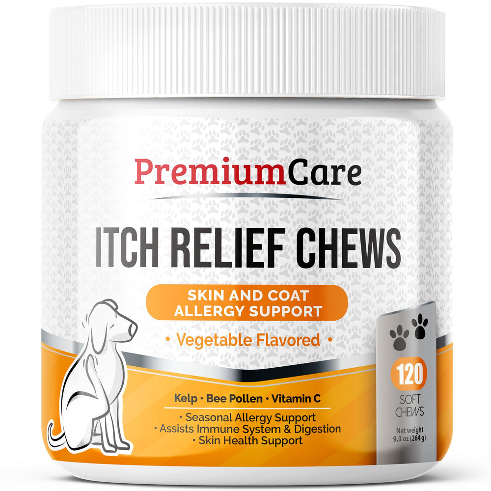 Premium Care Itch Relief for Dogs bottle shown with easy-to-dispense chews