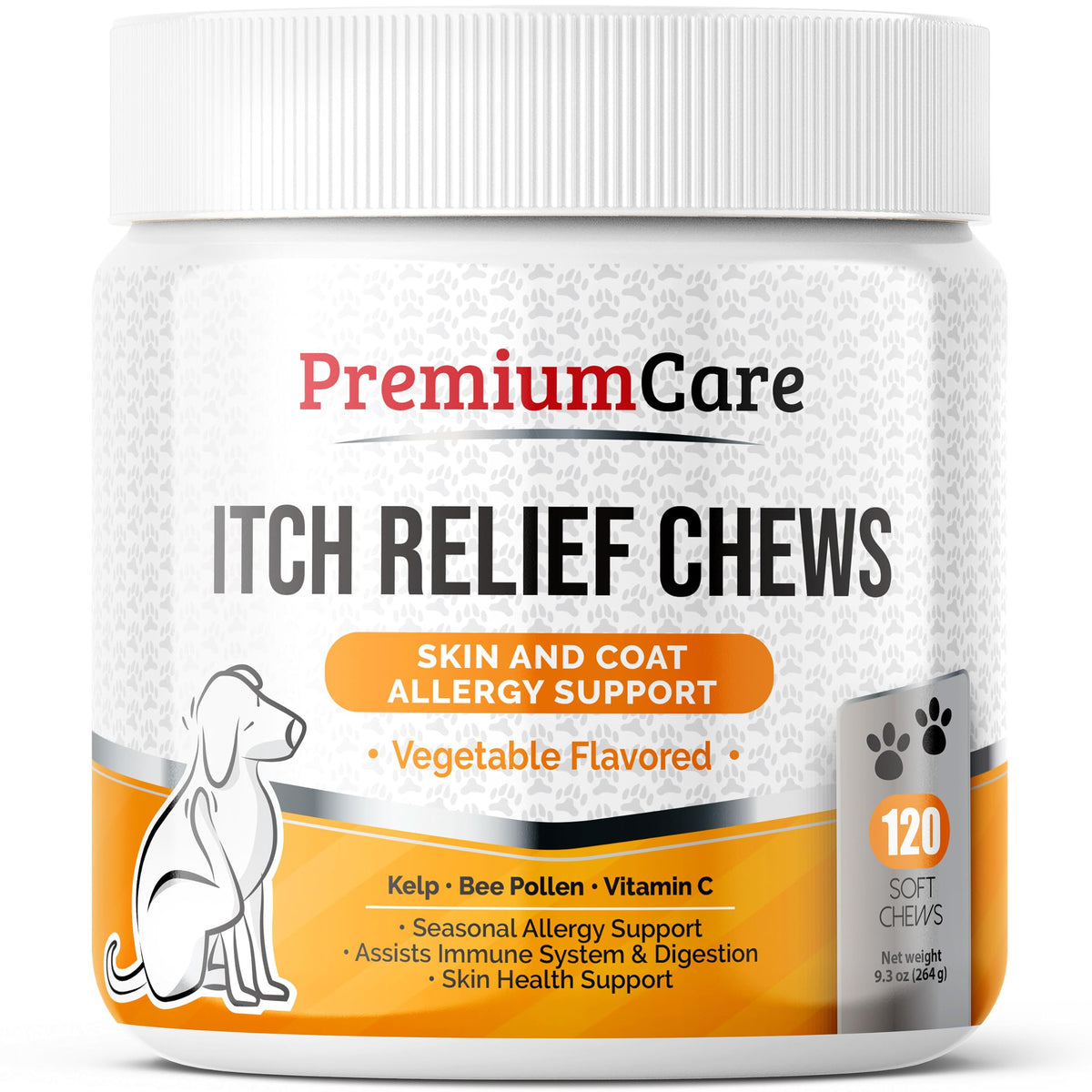 Premium Care Itch Relief for Dogs bottle shown with easy-to-dispense chews