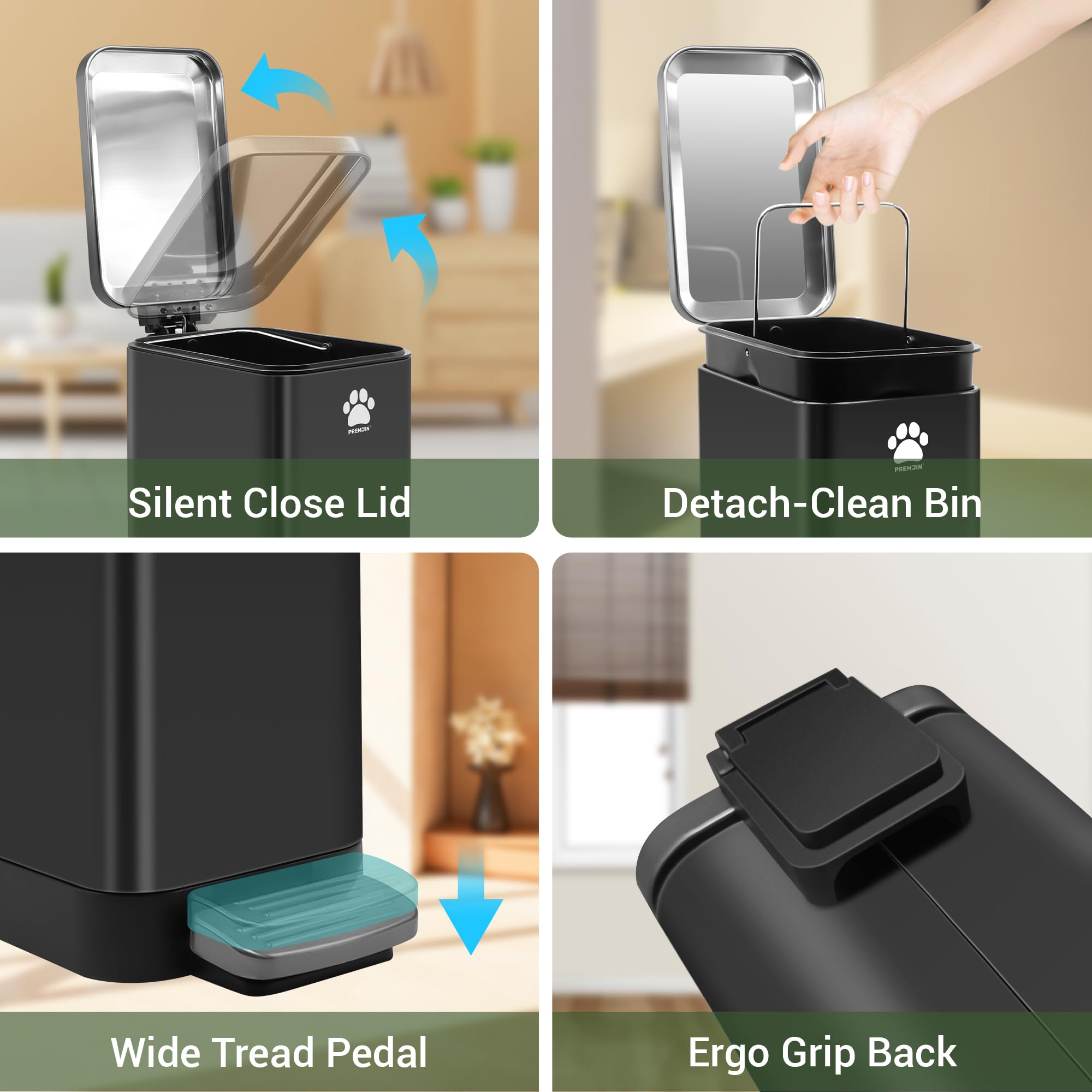 Rust-resistant stainless steel housing with odor-sealing lid.