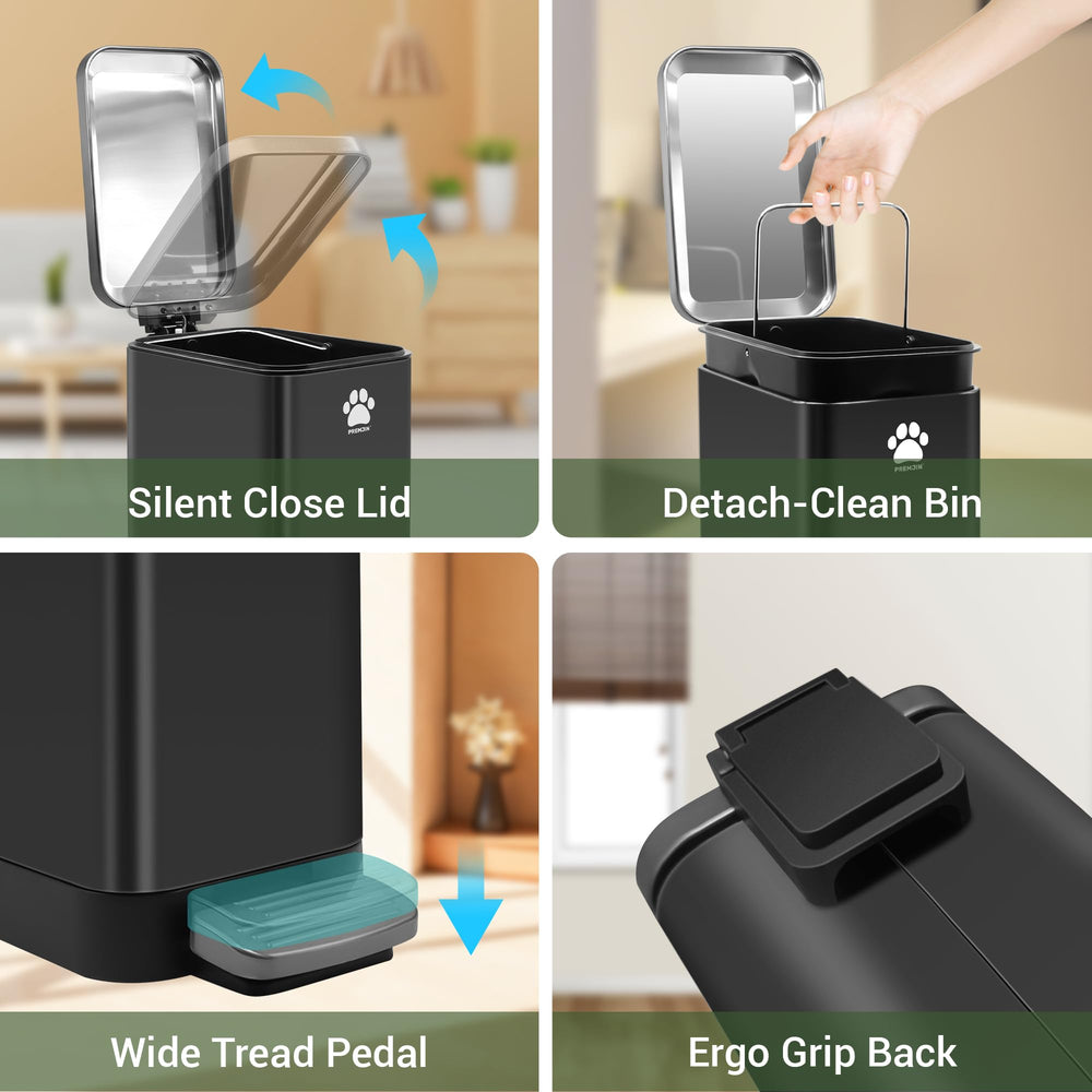 Rust-resistant stainless steel housing with odor-sealing lid.