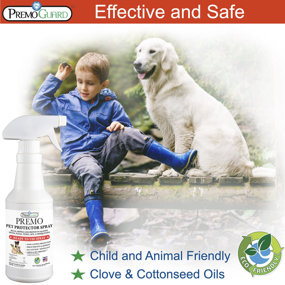 Premo Guard spray on dog coat for safe, on-contact protection.