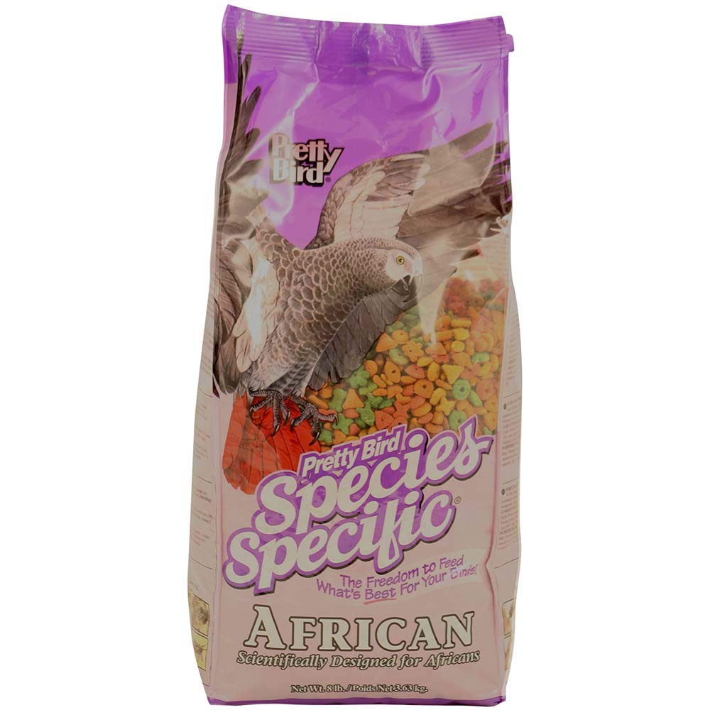Pretty Bird African Bird Food 8lb bag front, calcium-rich blend for healthy conures.