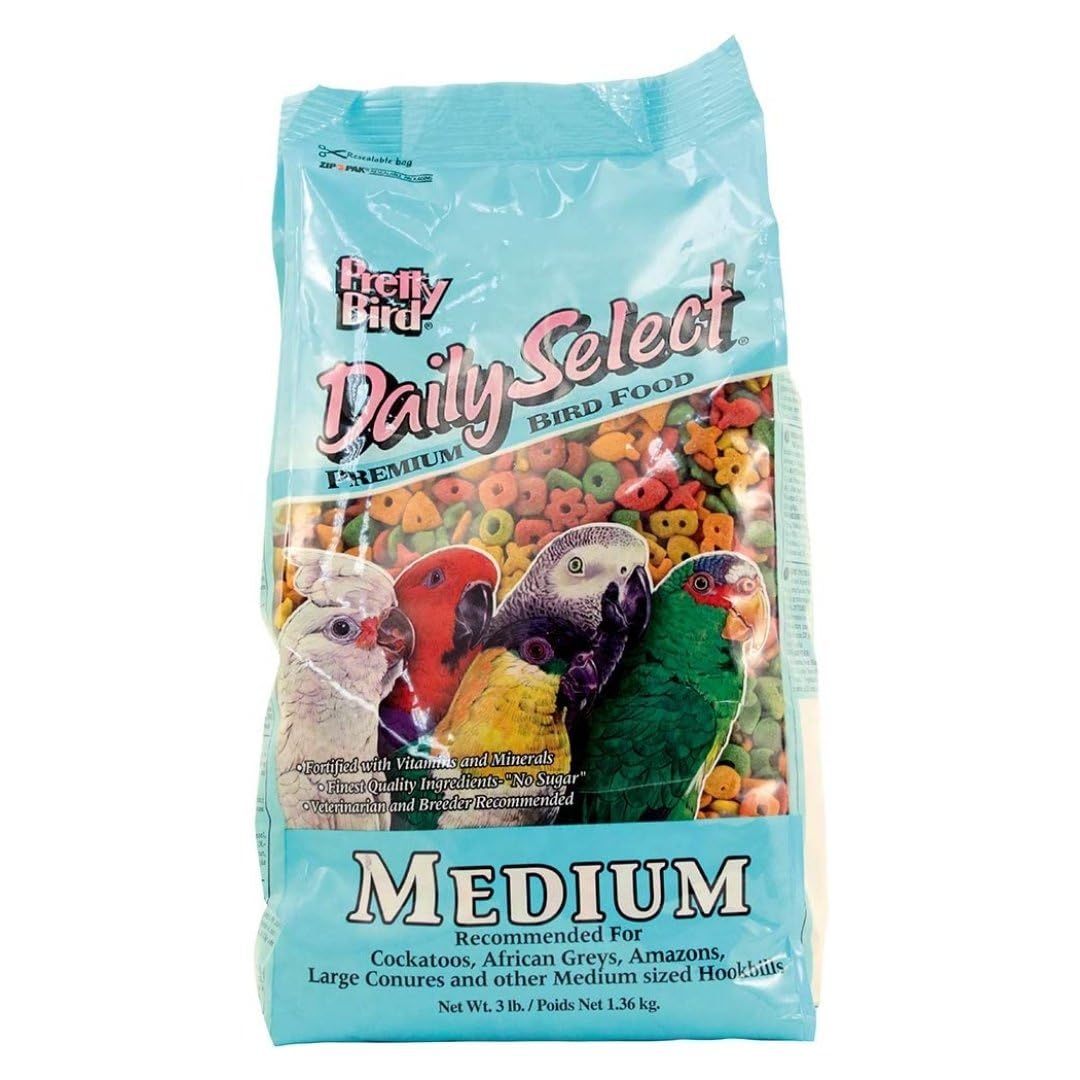 Pretty Bird Daily Select bag front label highlights balanced nutrition for small to medium birds.