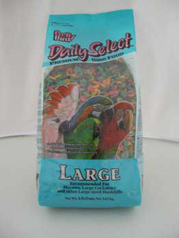 Pretty Bird Daily Select Premium Bird Food in 8 lb bag for large cockatoos, macaws, and balanced nutrition.