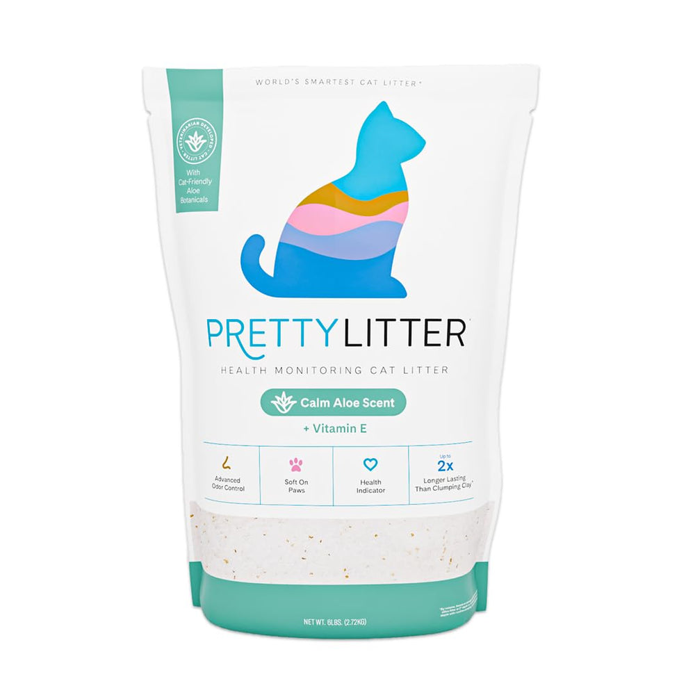 PrettyLitter health-monitoring calm aloe crystals illustrate color-change cues for health insights.