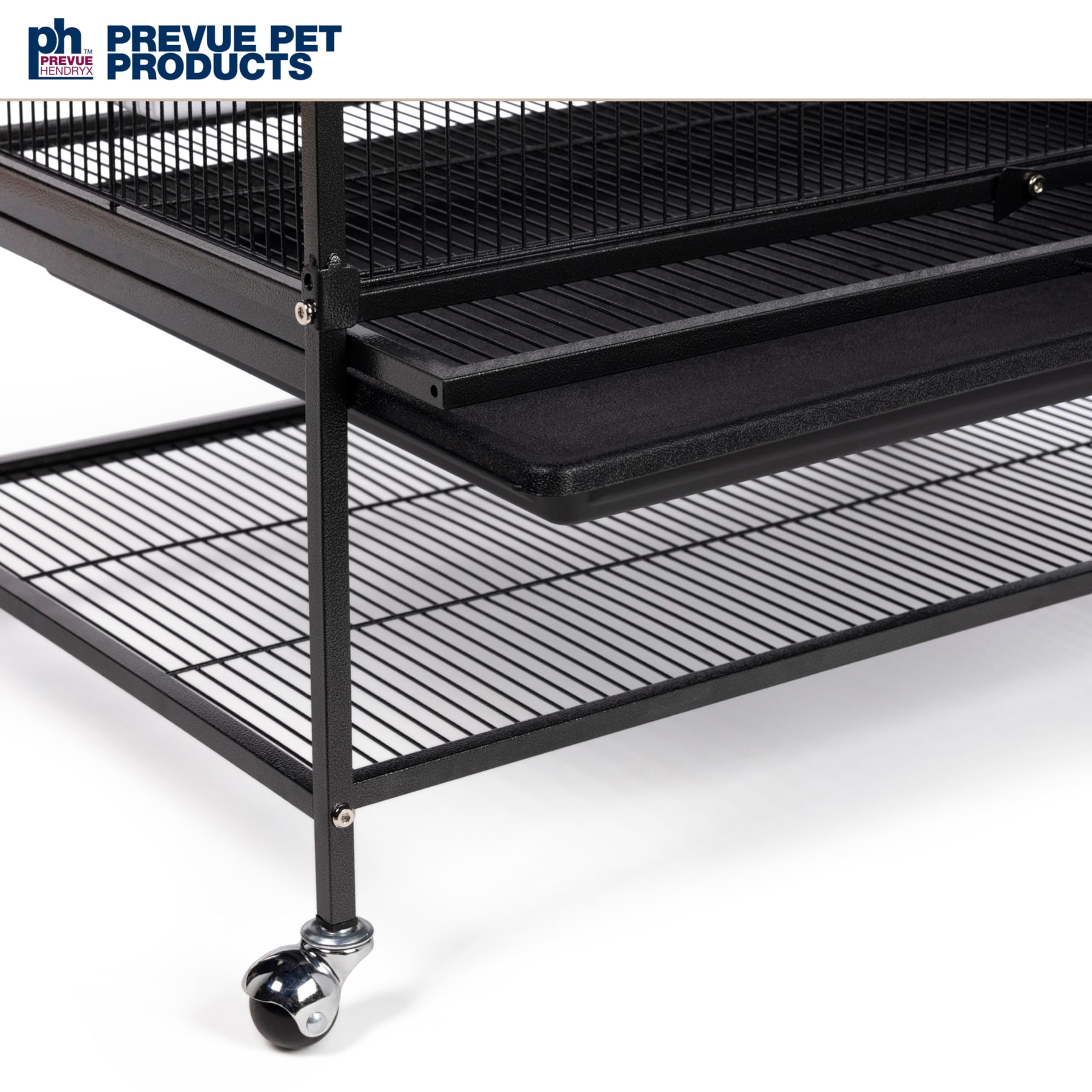 PH Prevue Hendryx cage with four feeders and nest box doors for versatile care.