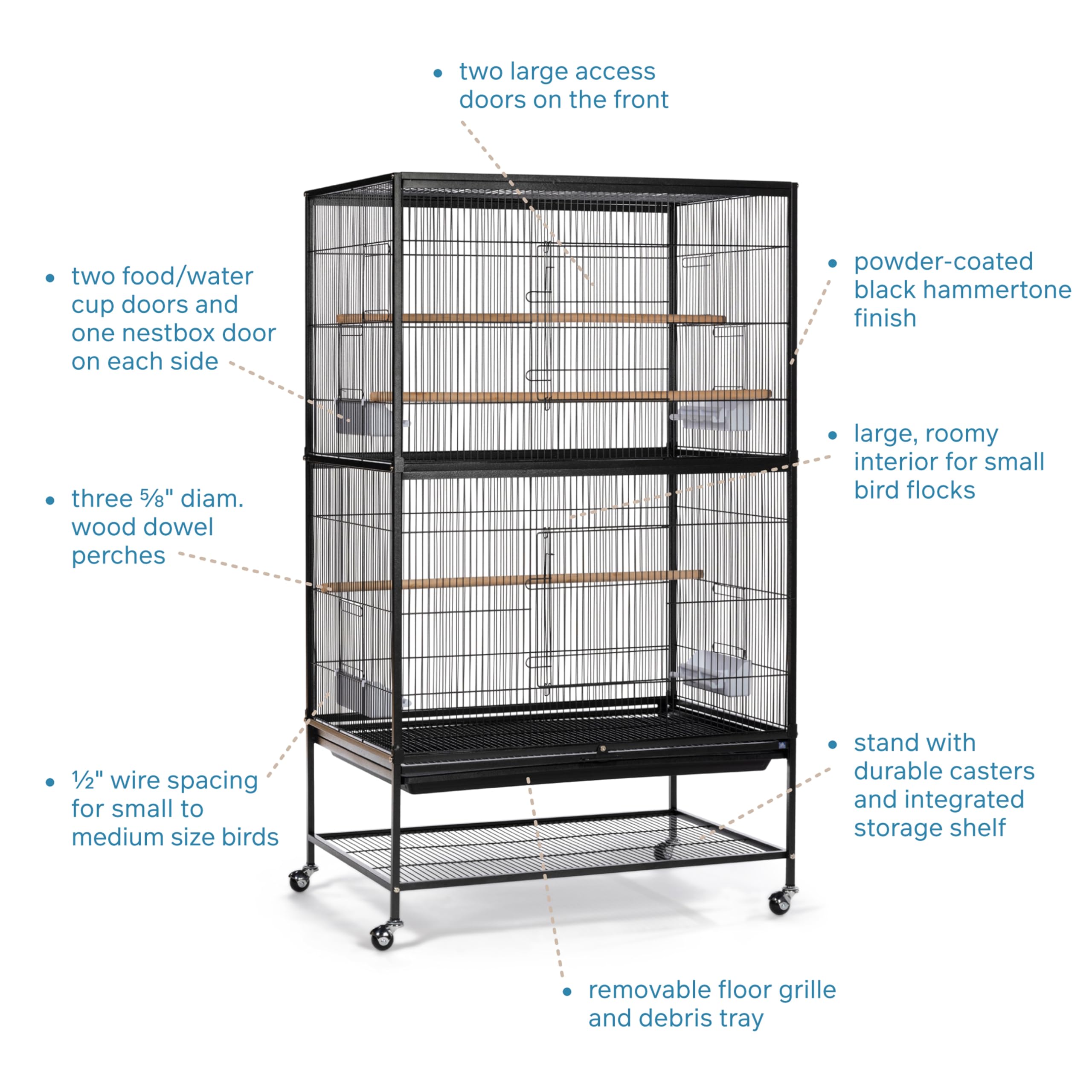 PH Prevue Hendryx front access doors provide easy reach to the cage interior.