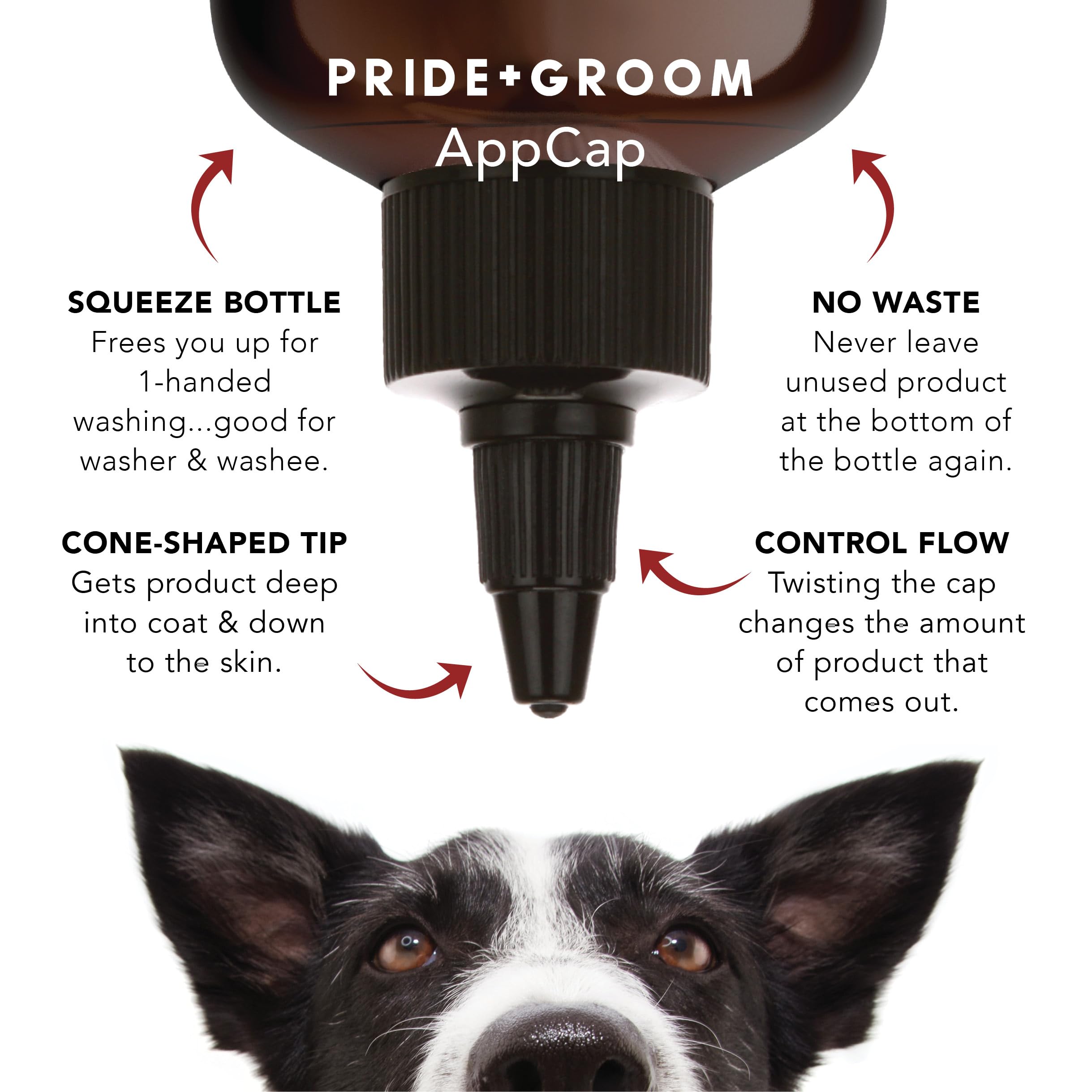 PRIDE AND GROOM AppCap flow-control detail: easy one-handed washing with less waste.