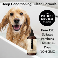 PRIDE AND GROOM Final Coat Conditioner label highlights marshmallow root and lavender.