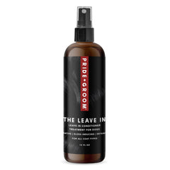 Pride and Groom Leave In bottle close-up shows detangling for all coat types.