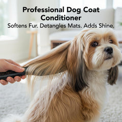 Pride and Groom Leave In on damp coat for quick detangling.