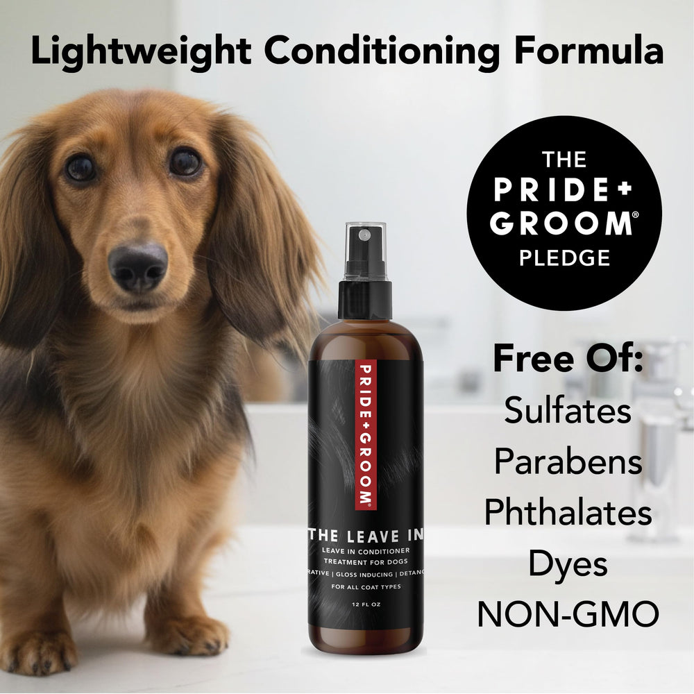 Pride and Groom Leave In on dry coat to boost shine.