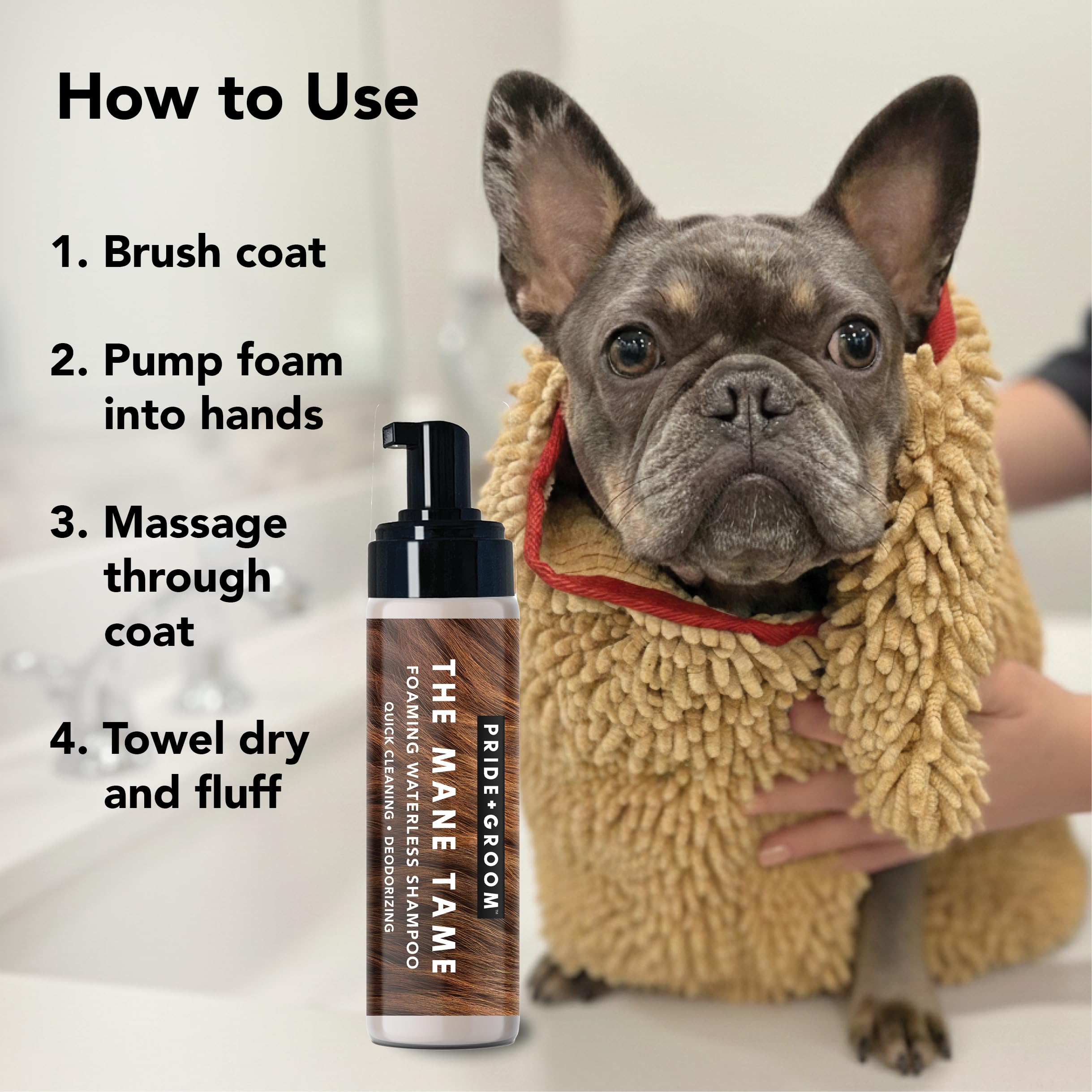 PRIDE AND GROOM Mane Tame easy-apply foam with universal coat compatibility.
