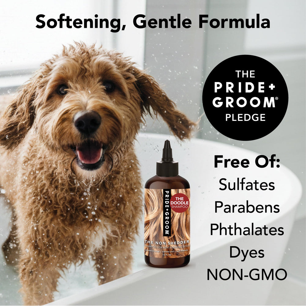 Pride and Groom Non Shedder tearless formula improves comfort during baths.