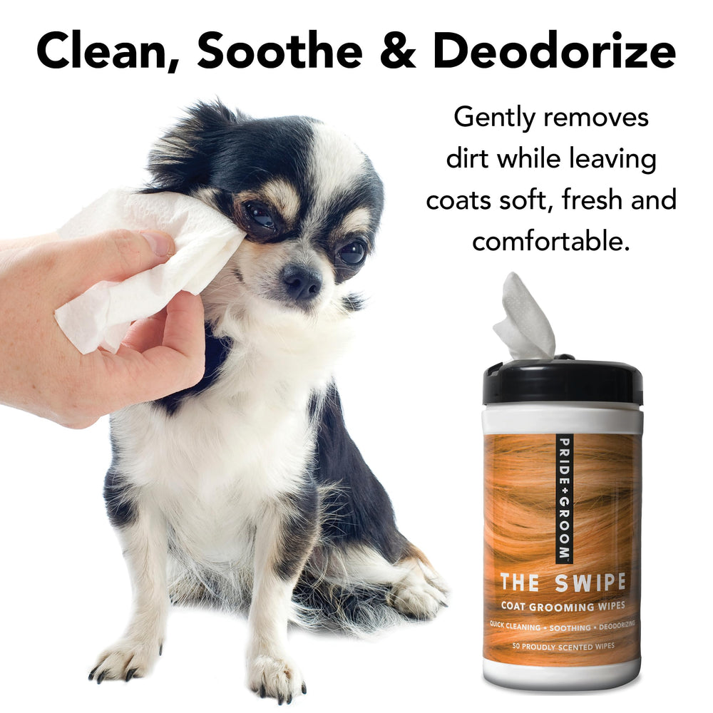 Pride and Groom The Swipe fur wipe freshens fur and neutralizes mild smells.