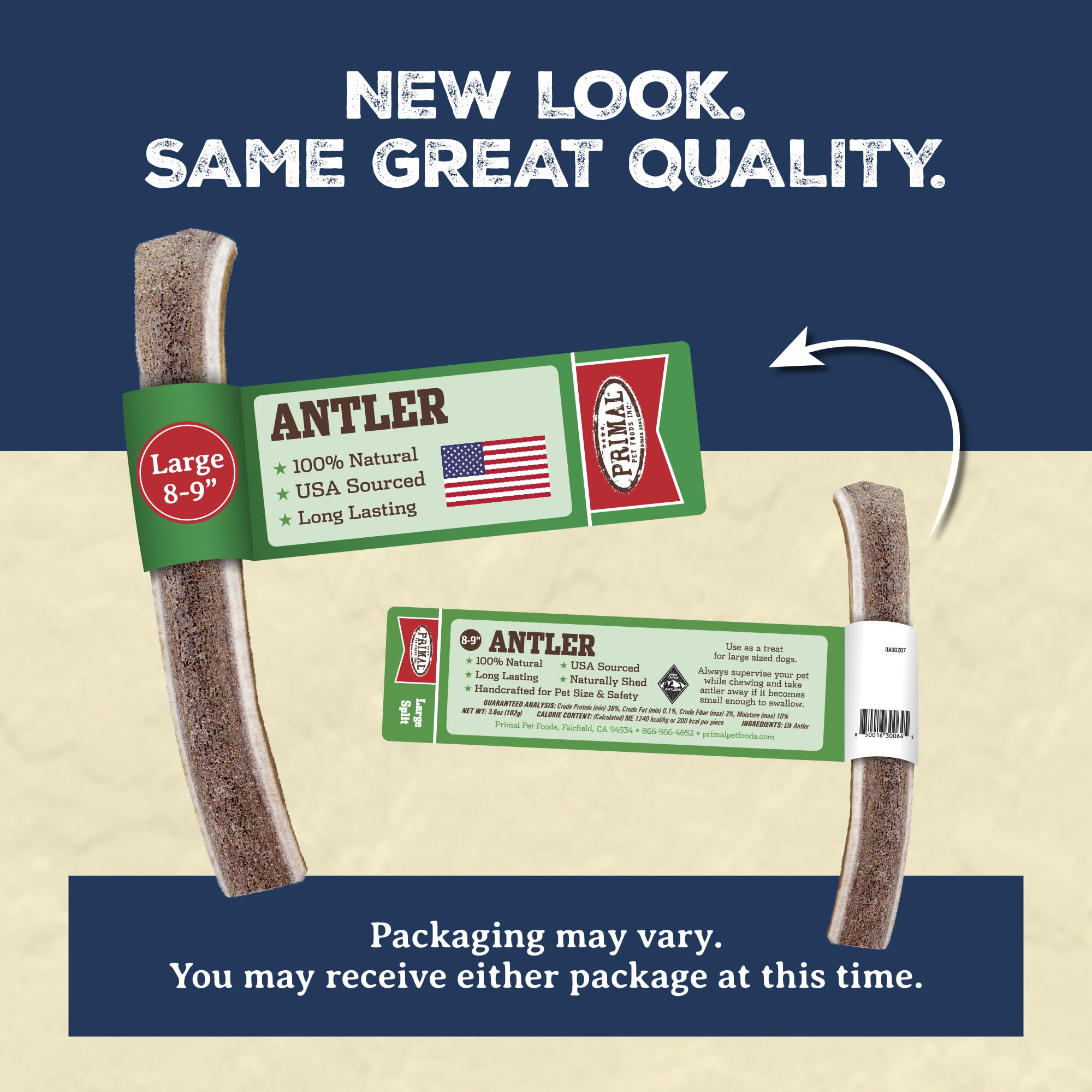 Primal Antlers odor-free chew texture shown as clean, non-messy dog treat.