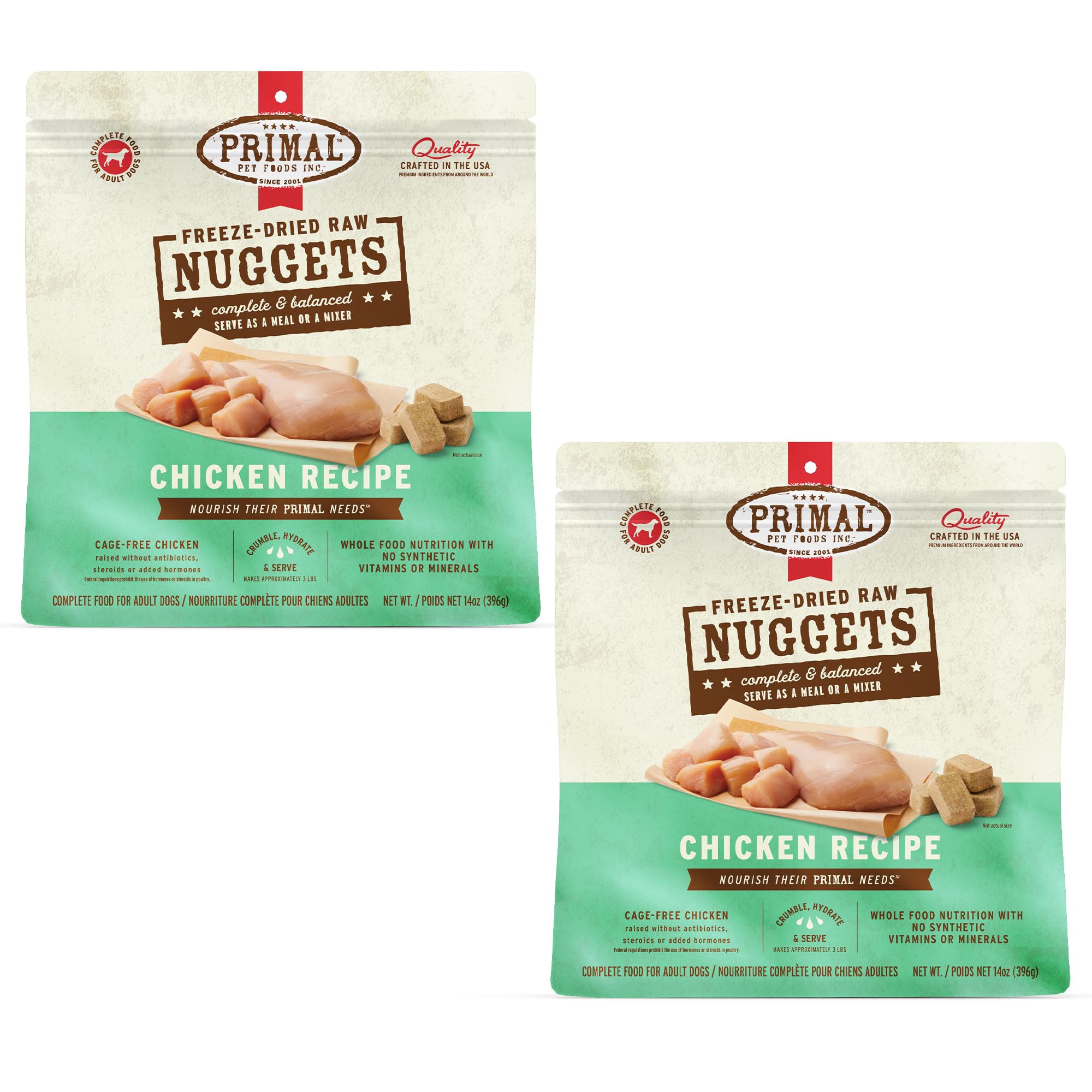 Primal Pet Foods chicken nuggets pack-2 shows two 14-ounce pouches for convenient meals.