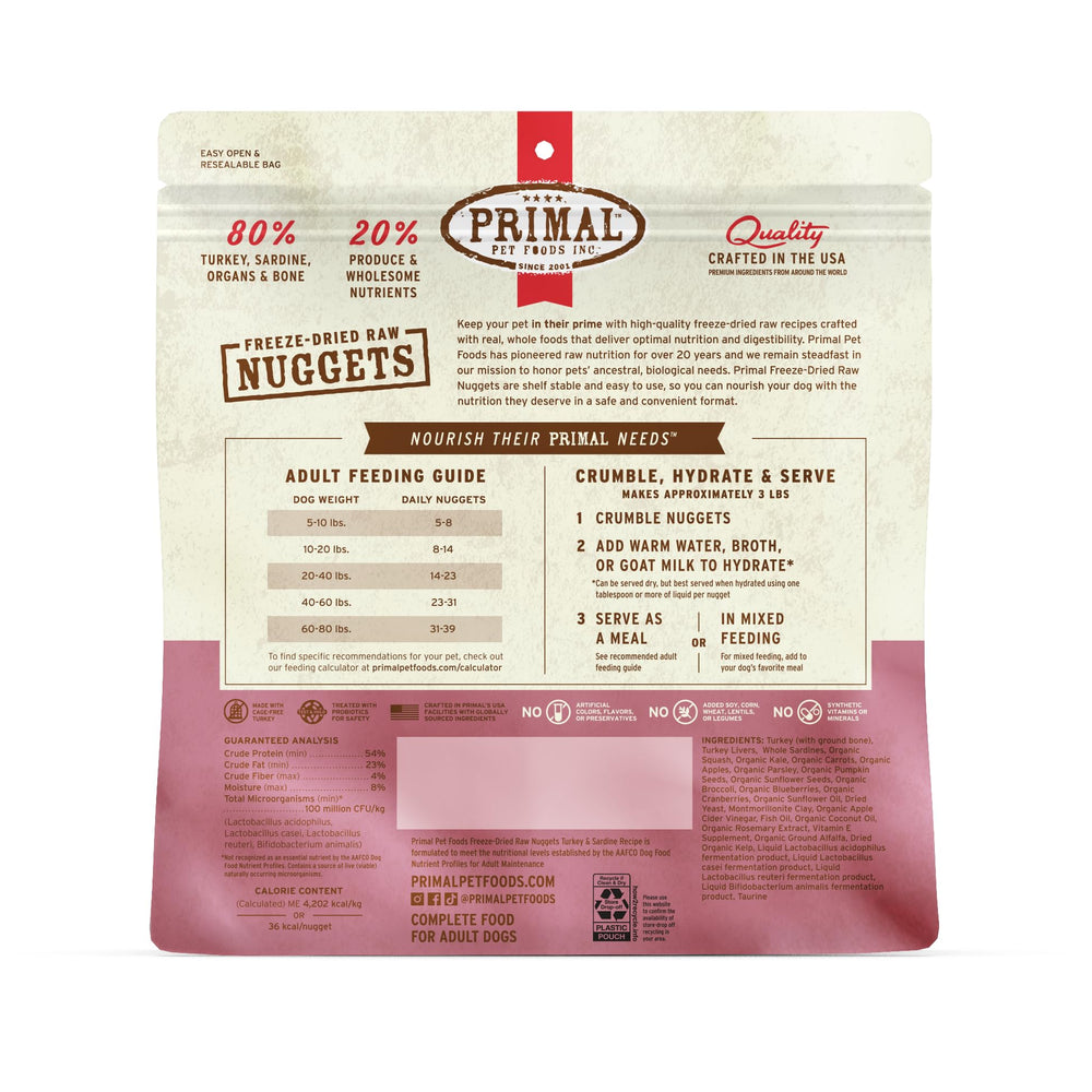 Primal dog food nuggets supporting coat health and digestion