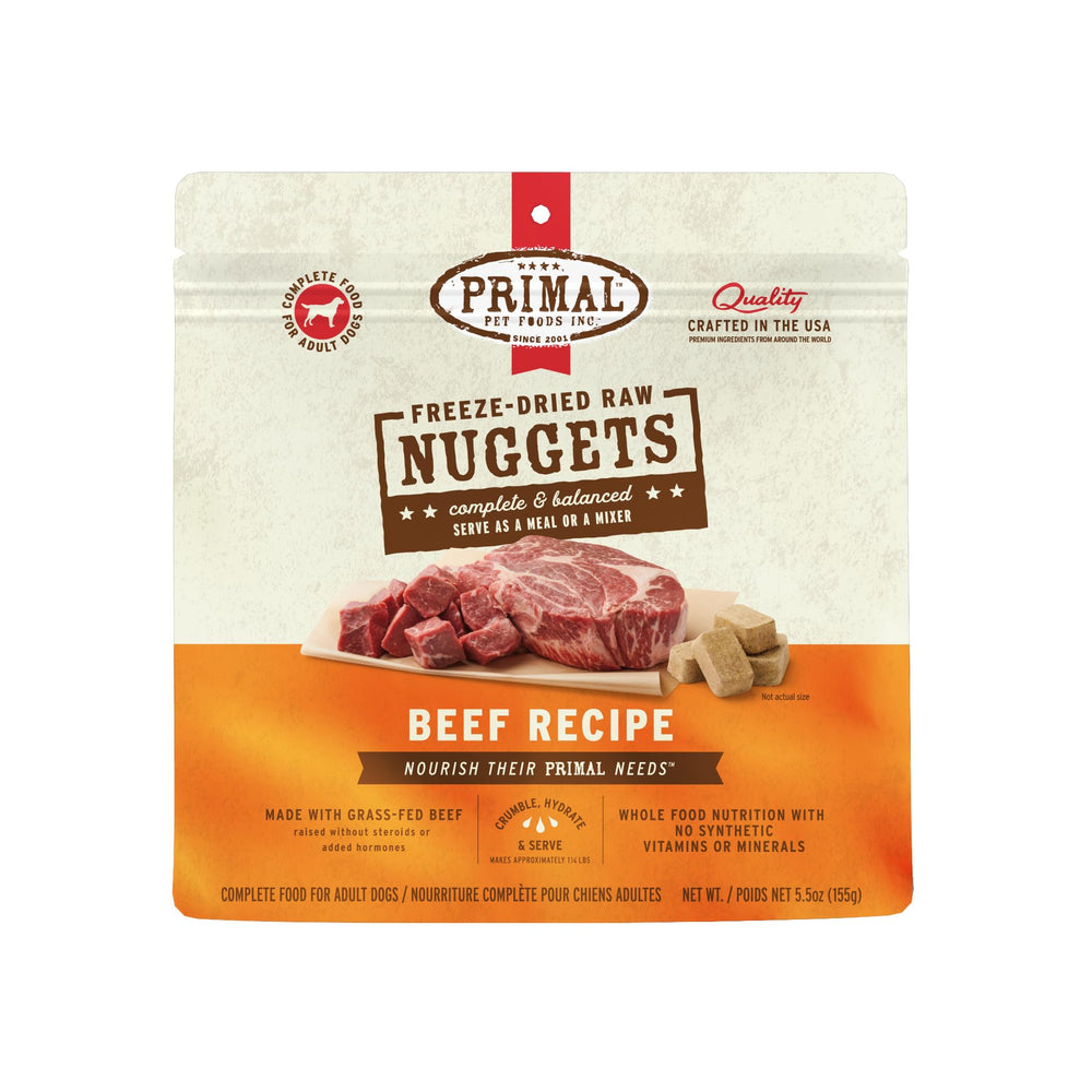 Primal freeze-dried beef nuggets packshot showing grain-free nutrition for dogs.