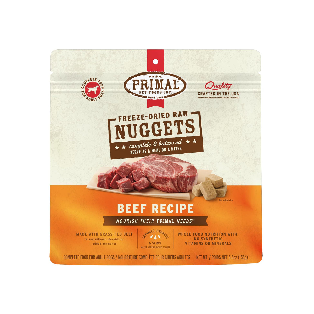 Primal freeze-dried beef nuggets packshot showing grain-free nutrition for dogs.