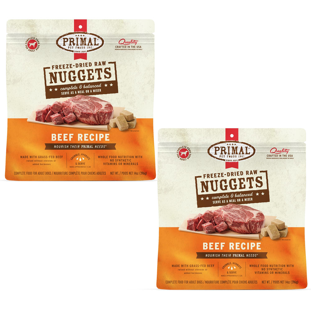 Primal freeze-dried beef nuggets in bag for convenient feeding.