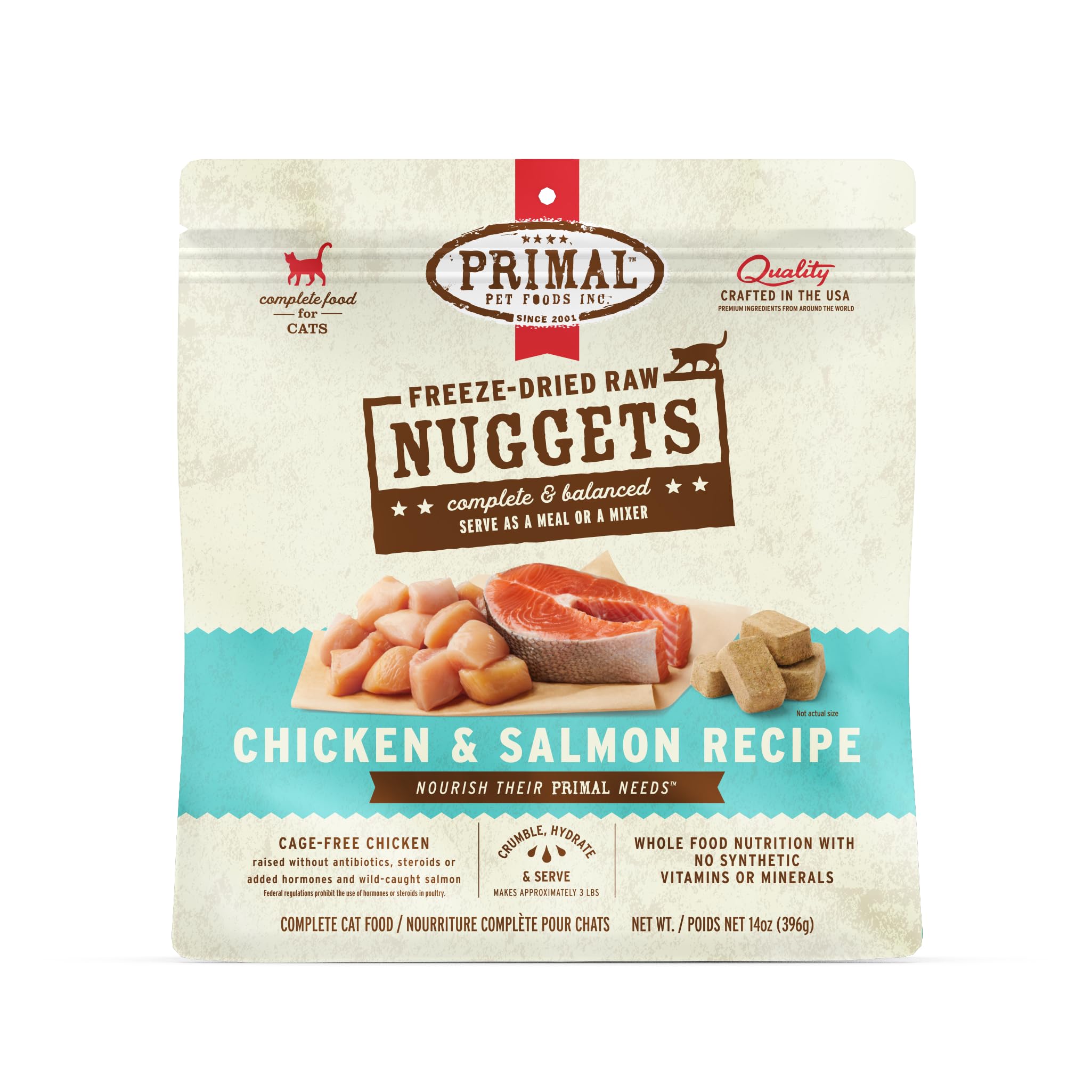 Primal Freeze Dried Raw Cat Nuggets packaging shows premium ingredients.