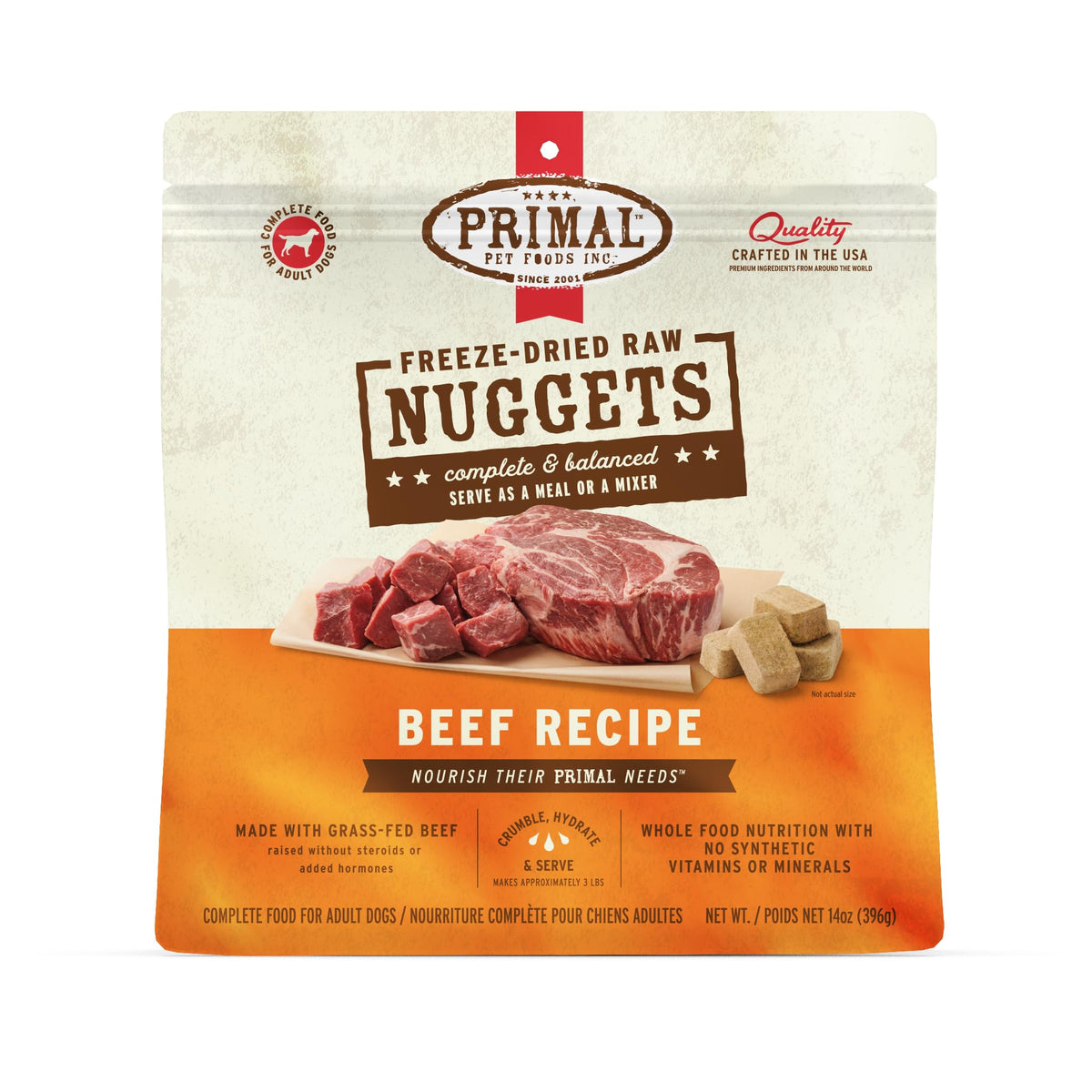Primal Freeze Dried Nuggets beef bag close-up highlights premium ingredients and grain-free nutrition.