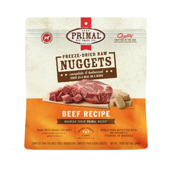 Primal Freeze Dried Nuggets beef bag close-up highlights premium ingredients and grain-free nutrition.