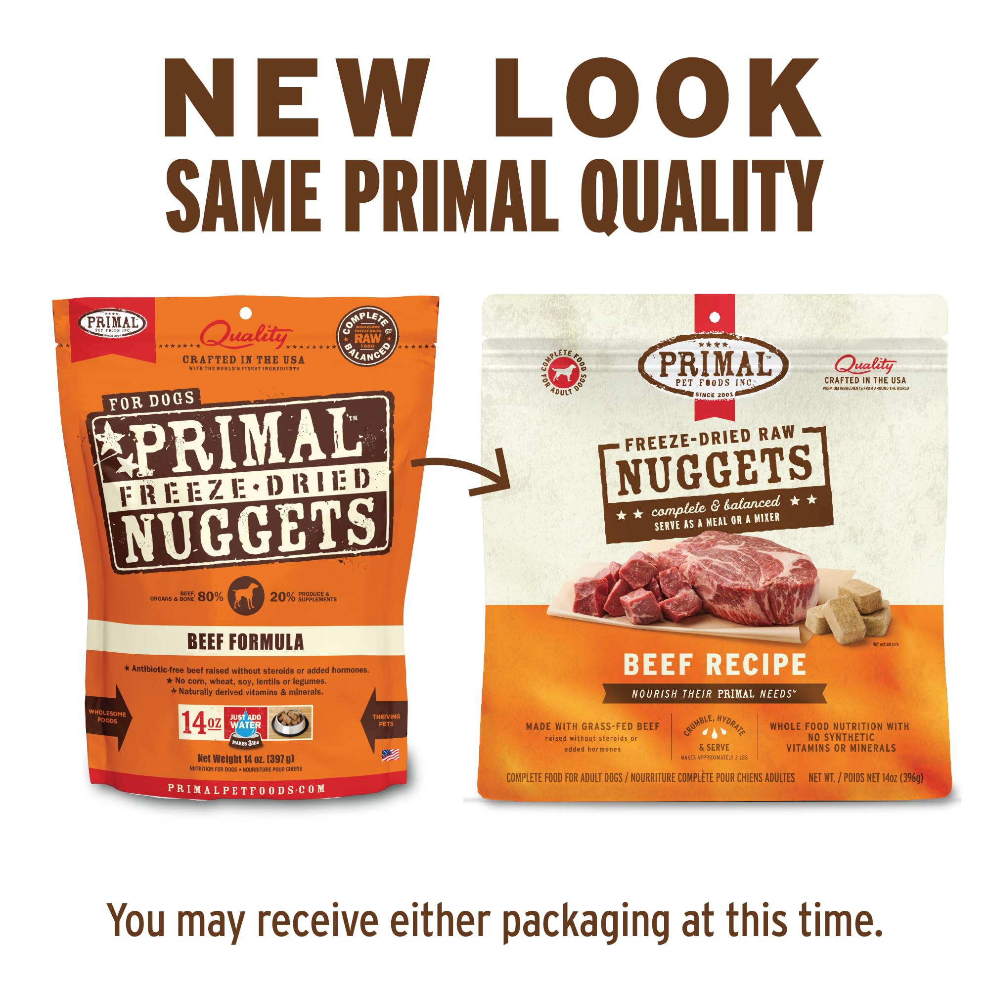 Primal Freeze Dried Nuggets beef close-up emphasizes bite-sized pieces for easy meals.