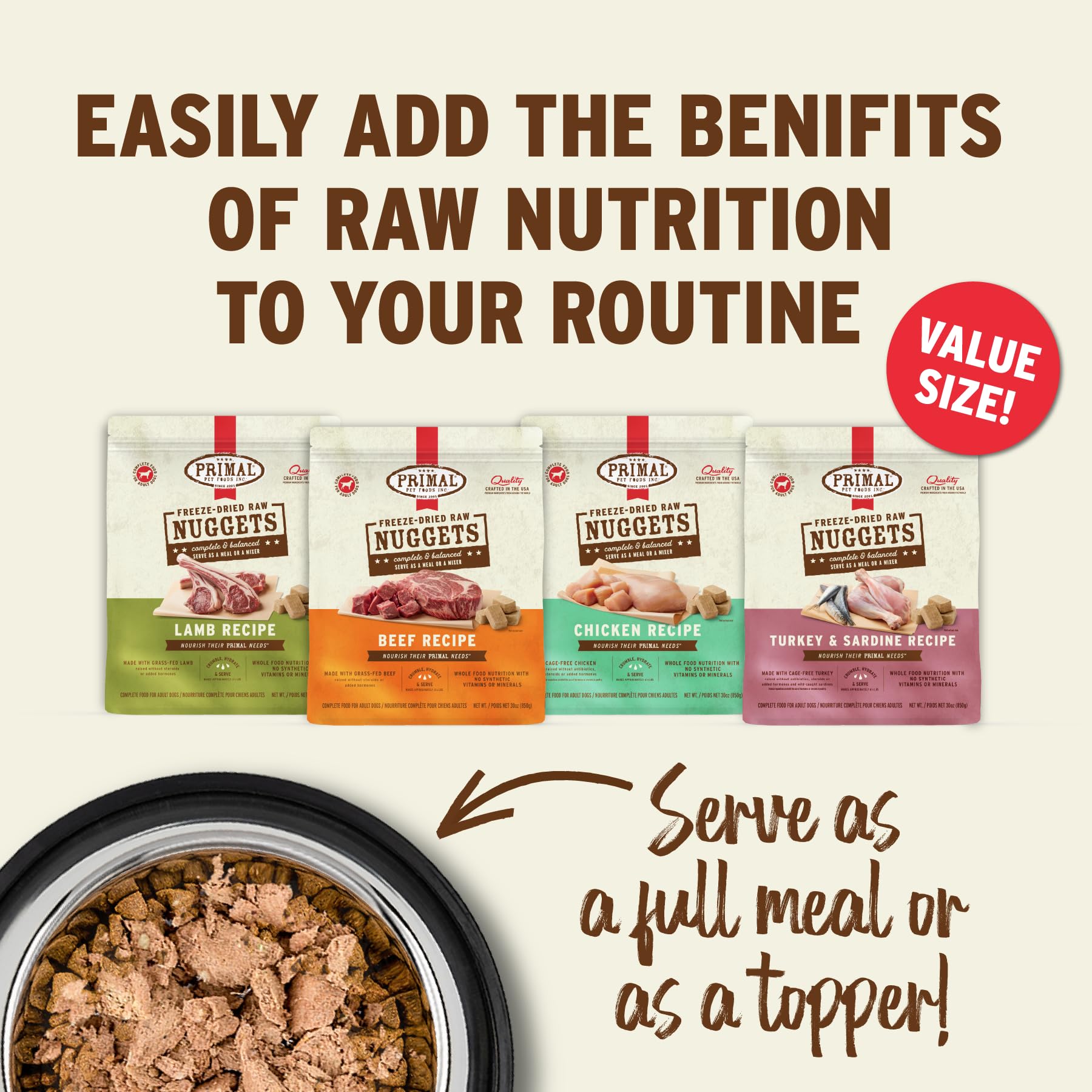 Primal Freeze Dried Beef Nuggets grain-free formula supports sensitive stomachs.