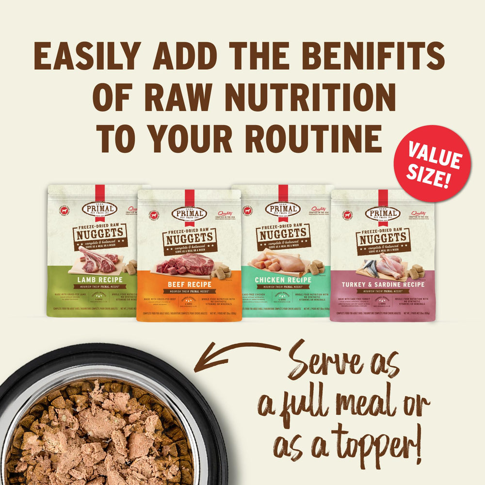 Primal Freeze Dried Beef Nuggets grain-free formula supports sensitive stomachs.