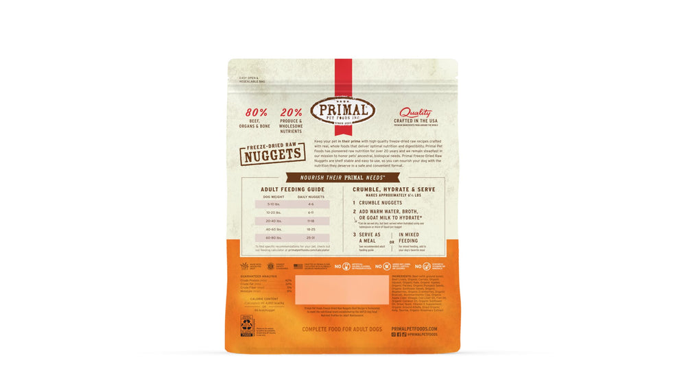 Primal Freeze Dried Beef Nuggets made in USA showcases wholesome ingredients.